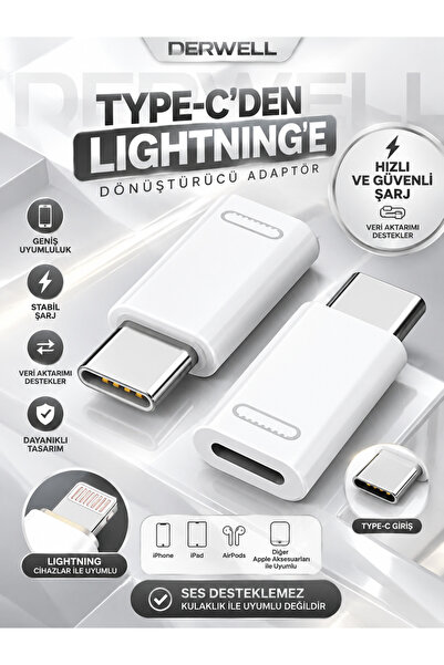 Derwell Yeni 2026 Otg Lightning Dişi → USB Type-C Erkek Adaptör – Şarj Dönüşt...