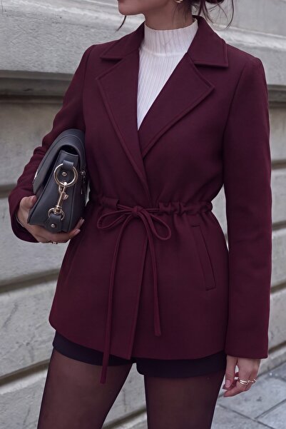 ALFUDO Moda Collection Bordo Bağlama Detaylı Rahat Kalıp Kaşmir Hırka/Ceket