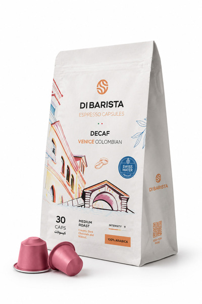 DI BARISTA Venice Decaf Espresso Capsules - Capsules Bag 30 Pcs | Colombian Arabica Decaffeinated | Mountain Water Process | Nespresso Compatible