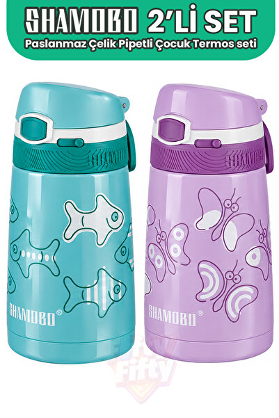 Shamobo Set of 2 Steel Thermos with Straw 350ml -6 Hours Heat Insulation-