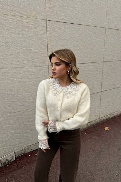 banessa Stylish Lace Detailed Baby Collar Knitwear Women's Cardigan