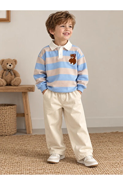 mirkidsclub Kız Çocuk Ayıcık Nakışlı Mavi Bej Çizgili Polo Yaka Sweatshirt