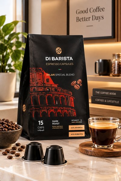 DI BARISTA Milan Espresso Capsules - Capsules Bag 15 Pcs | Bold Dark Roast Arabica Robusta | Nutty Dark Chocolate | Nespresso Compatible
