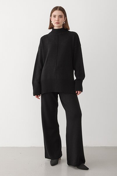 JASTE Kadın Siyah Oversize Balıkçı Yaka Triko Kazak & Beli Lastikli Pantolon ...