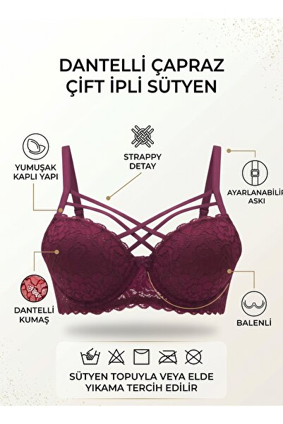 EBRULİ LİNGERİE Silikonlu Destekli Dantelli Çapraz Çift İpli Sütyen
