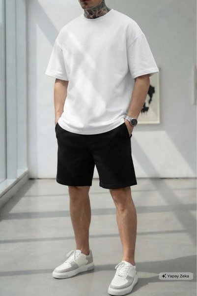 CAST COLLECTİON Men's White Black Shorts T-Shirt Set