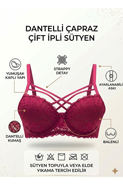 EBRULİ LİNGERİE Silikonlu Desteksiz Dantelli Çapraz Çift İpli Sütyen