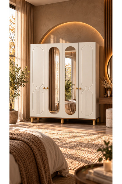 Dodef Wood Pera Aynalı Gardırop 4 Kapaklı 2 Gizli Çekmeceli Yatak Odası Elbis...