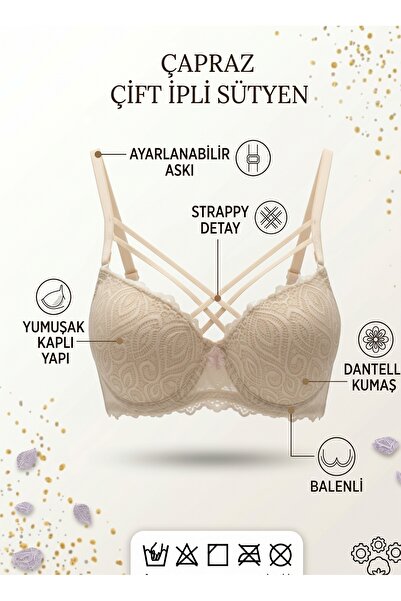 EBRULİ LİNGERİE Silikonlu Desteksiz Dantelli Çapraz Çift İpli Sütyen