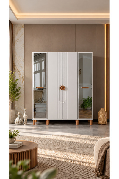 Dodef Wood Lotus Aynalı Gardırop 4 Kapaklı 2 Gizli Çekmeceli Elbise Dolabı Ya...