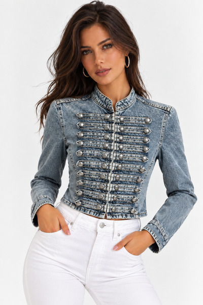 Cool & Sexy Women's Premium Pearl Button Detailed Crop Denim Jacket