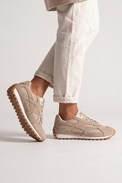Marjin Kadın Süet Detaylı Bağcıklı Günlük Sneaker Sabite Bej Süet