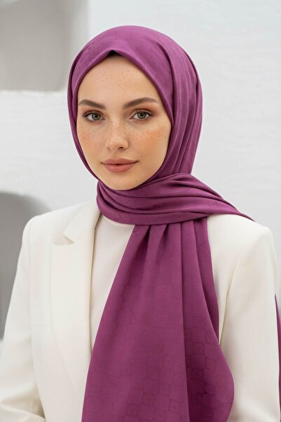 Vissona %57 İPEK %43 PAMUK Monogram Desenli Koyu Pembe Renkli Şal - 70x190 Di...
