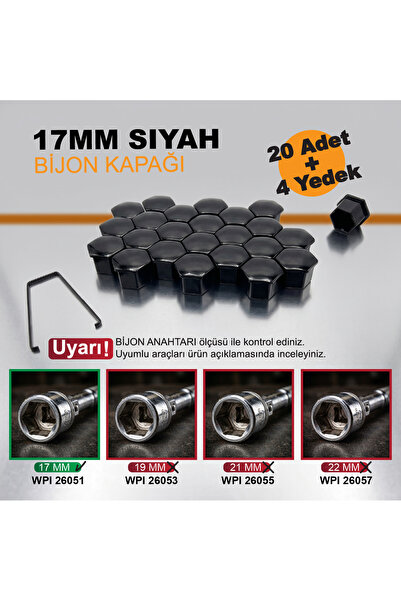 WPI 20 Adet + 4 Yedek Siyah Bijon Kapağı 17MM + Sökme Aparatı ( Peugeot - Cit...