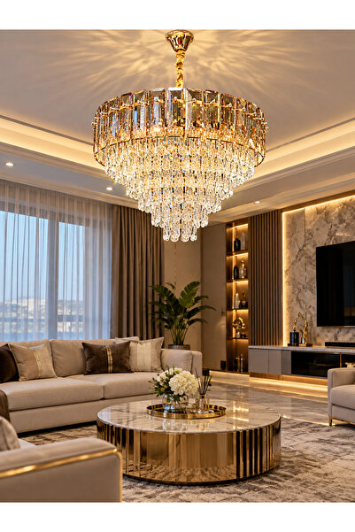 60 CM KRİSTAL LÜX SALON AVİZESİ GOLD İTHAL KASA