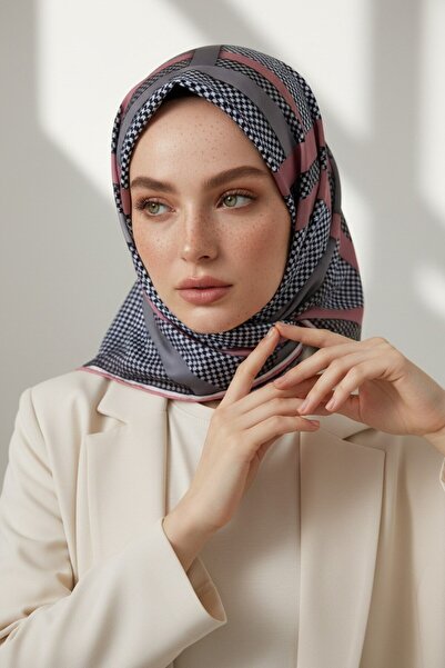 VİOLLA Twill Çizgili Pötikareli Çizgili Desenli Pudra - Gri Renkli 90x90 Eşar...