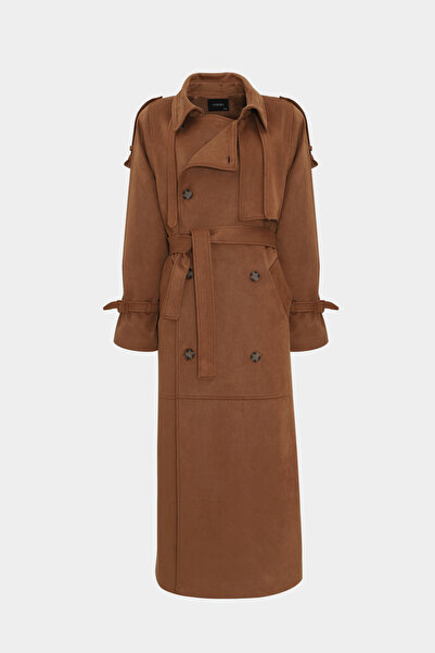 Açelya Okcu Premium Wide Cut Epaulette Detailed Maxi Suede Women's Trench Coat