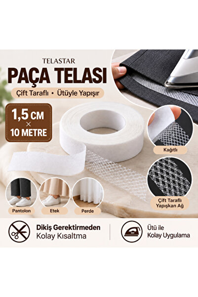 TELASTAR Paça Telası -çift Taraflı Yapışkan Tela 10 Mt - Eni 1.5cm Ütüyle Yap...