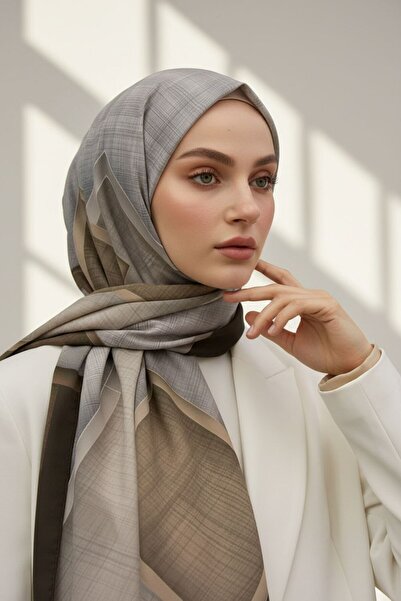 Vissona KREP DOKULU KARO DESENLİ BEJ - KAHVERENGİ RENKLİ 75X195 KIRIŞMAZ ŞAL