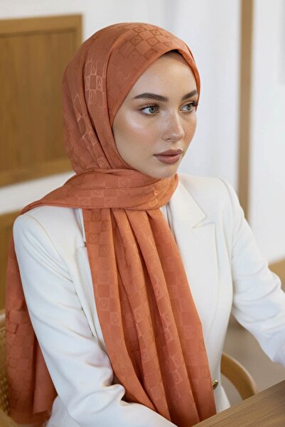 Vissona %57 İPEK %43 PAMUK Monogram Desenli Turuncu Renkli Şal - 70x190 Dikiş...