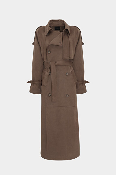 Açelya Okcu Premium Wide Cut Epaulette Detailed Maxi Suede Women's Trench Coat
