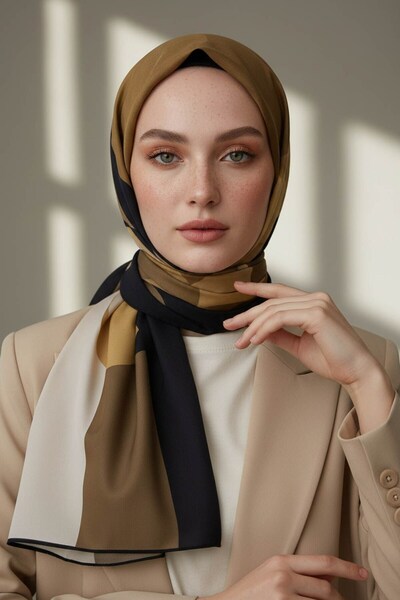 Vissona KREP ÇİÇEK VE YAPRAK DESENLİ BEJ - SİYAH RENKLİ 75X195 KIRIŞMAZ ŞAL