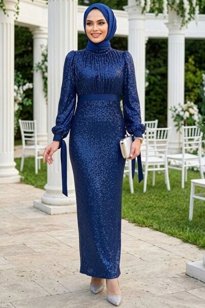 Neva Style Pul Payetli Lacivert Tesettür Abiye Elbise 4667L