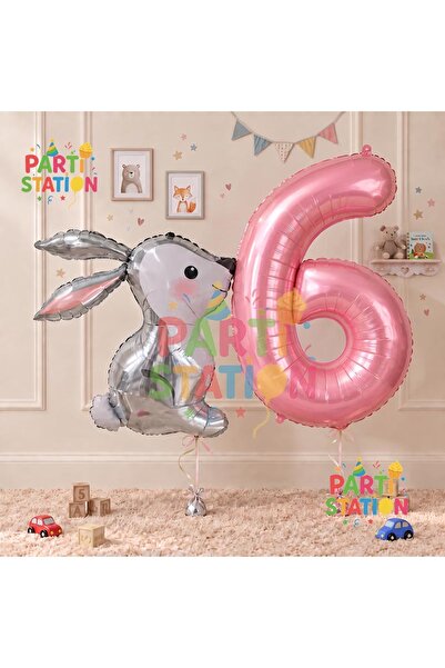 Parti Station Rabbit Pink 6 Year Old Balloon Set Rabbit Concept Birthday Set ...