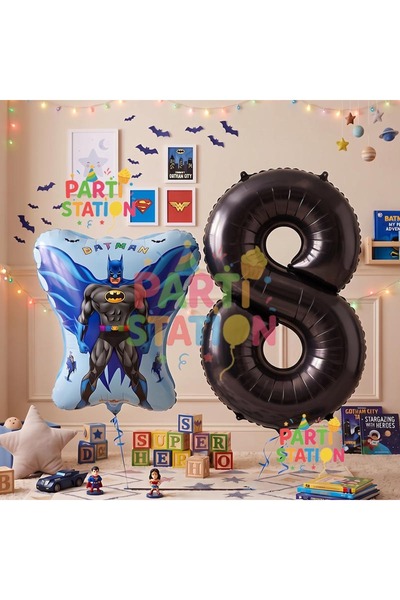 Parti Station Batman Concept 8 Years Old Balloon Set Batman Bat and Black Fig...