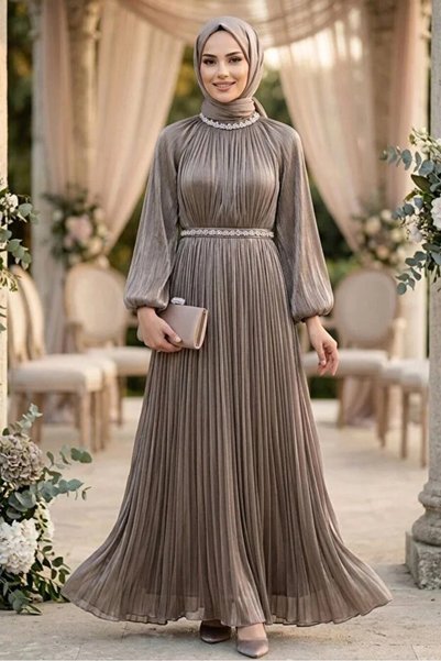 N.S NEVA STYLE Stone Collar Belt Detailed Mink Hijab Evening Dress 5719V