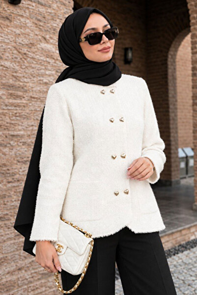 N.S NEVA STYLE Cremefarbener Hijab-Strick-Cardigan mit Herzknopf und Taschen ...