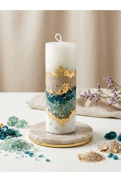 TOLU Kaide Vanilya Kokulu Soya Wax Mum 7*7*18 cm Altın Varaklı El Yapımı Deko...