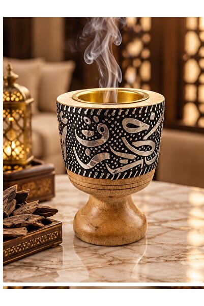 Generic Brand مبخرة خشب بقاعدة كأس ونقوش معدنية بارزة وحوض نحاسي - مبخرة عود ...