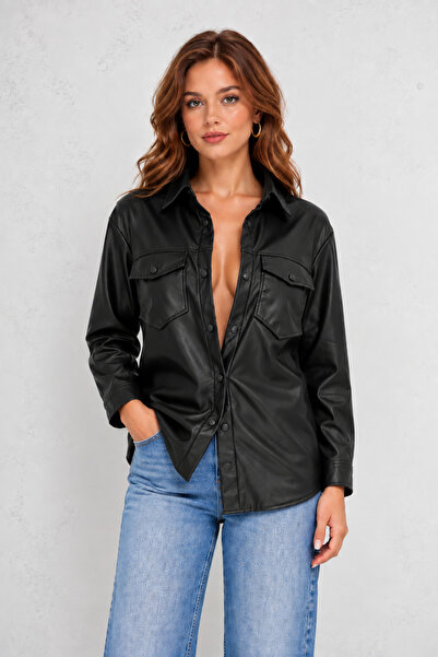 İLKCET MODA Kadın Çift Cepli Oversize Suni Deri Gömlek