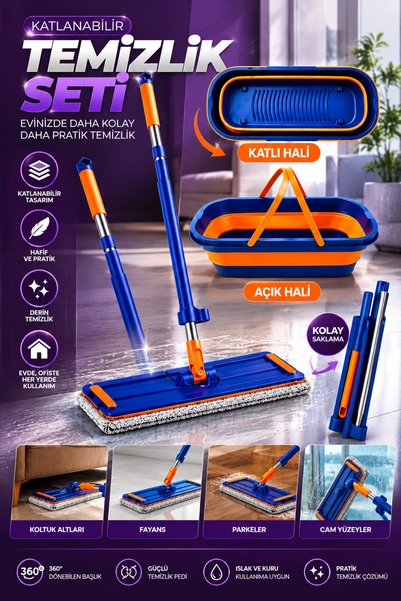 alfapazar e-ticaret Kendinden Sıkmalı Mop ve Tekerlekli Katlanabilir Kova Seti