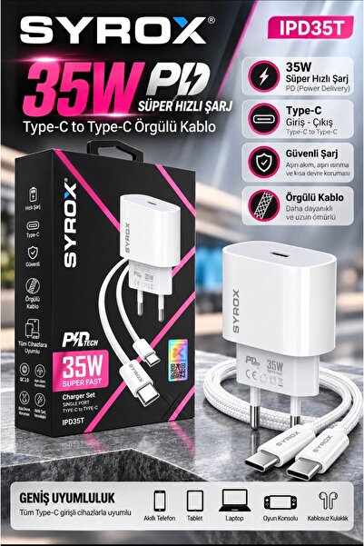Syrox 35W PD Hızlı Şarj Adaptörü Type-C + Type-C Kablo Seti Süper Hızlı Şarj