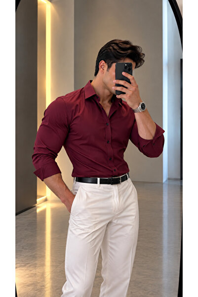 sepetx Erkek Premium Pamuk Saten Slim Fit Bordo Gömlek | Modern ve Şık Tasarım