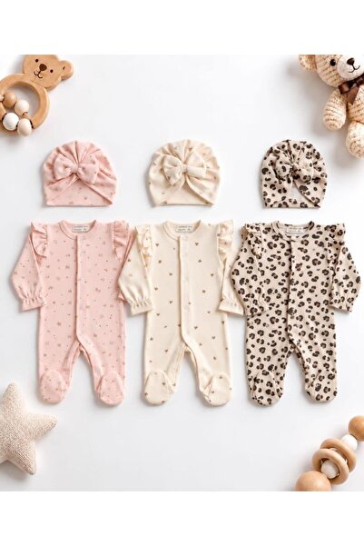 BYMURAT BABY 0-3 Ay 6'lı Bebek Seti – 3 Tulum 3 Şapka, Kız Bebek Giyim