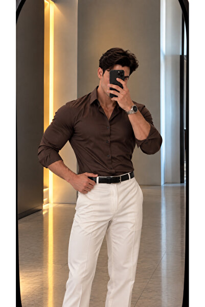 sepetx Erkek Premium Pamuk Saten Slim Fit Acı Kahve Gömlek | Modern ve Şık Ta...