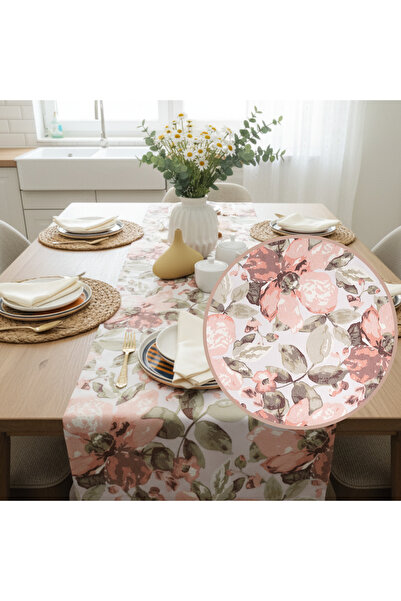 Jakarlı Dokuma Dekoratif Runner 45x140 cm Pembe Çiçekli