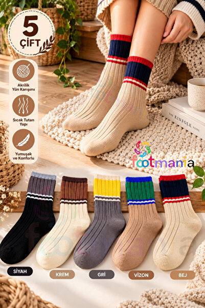 footmania Kadın Akrilik Yün’lü 5 li Kışlık Renkli Soket Çorap Seti (Soft Touch)