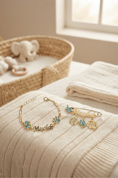 Sahi Aksesuar Blue Crystal Stone Mashallah Written Baby Lapel Pin and Bracele...