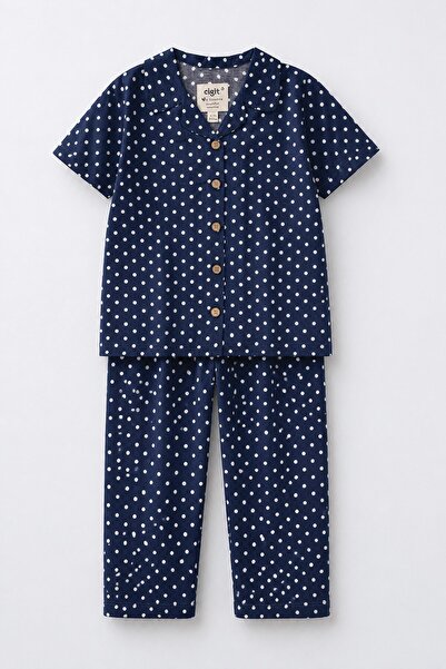 Cigit Shirt Collar Pajama Set 2-12 Years Old Navy Blue