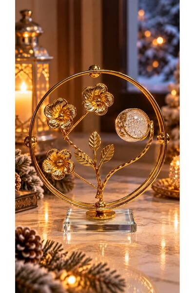Kristal Küre ve Kristal Tabanlı Lüks Metal Çiçek Dekoru – Gold Modern Ev & Ofis Aksesuarı