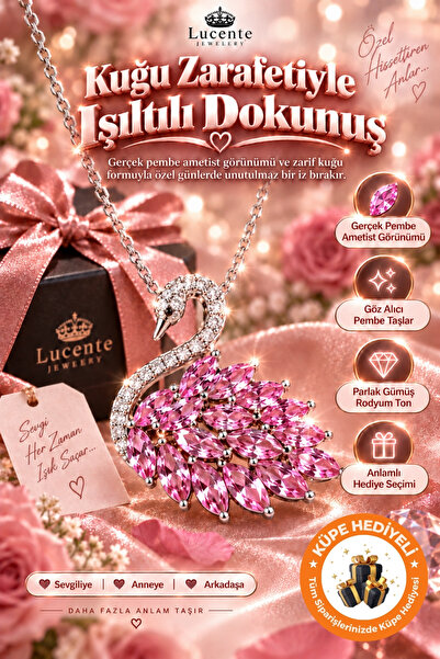 Lucente Jewellery 925 Ayar Pink Swan Kuğu Gerçek Pembe Ametist Taşlı Şık Tasa...