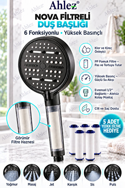 Ahlez Nova Filtreli Duş Başlığı 5 Yedek Filtre | Su Arıtmalı, Klor Ve Kireç Ö...