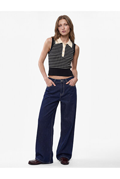 Koton Color Contrast Buttoned Striped Sleeveless Polo Neck Knitwear Blouse