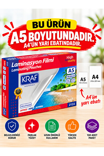 KRAF LAMİNASYON FİLMİ PARLAK A5 105 MİC 100'LÜ 2122 (KÜÇÜK BOY / A4 BOYUTUNDA...