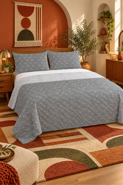 Evmila Gray Geometric Patterned Bedspread 200X220 Double Pique Set
