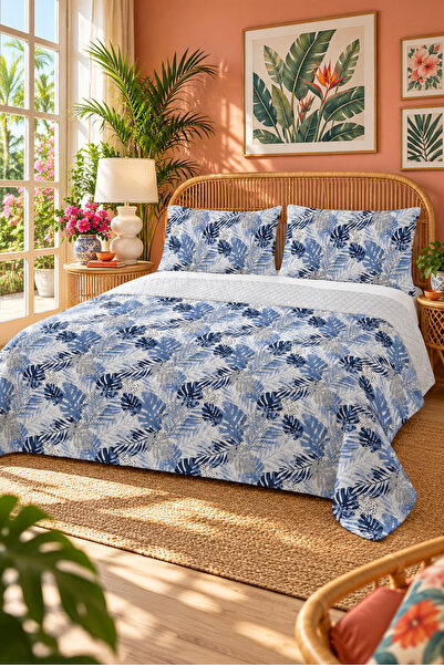 Evmila Leaf Pattern Double Printed Pique (200x220 Cm) Blue